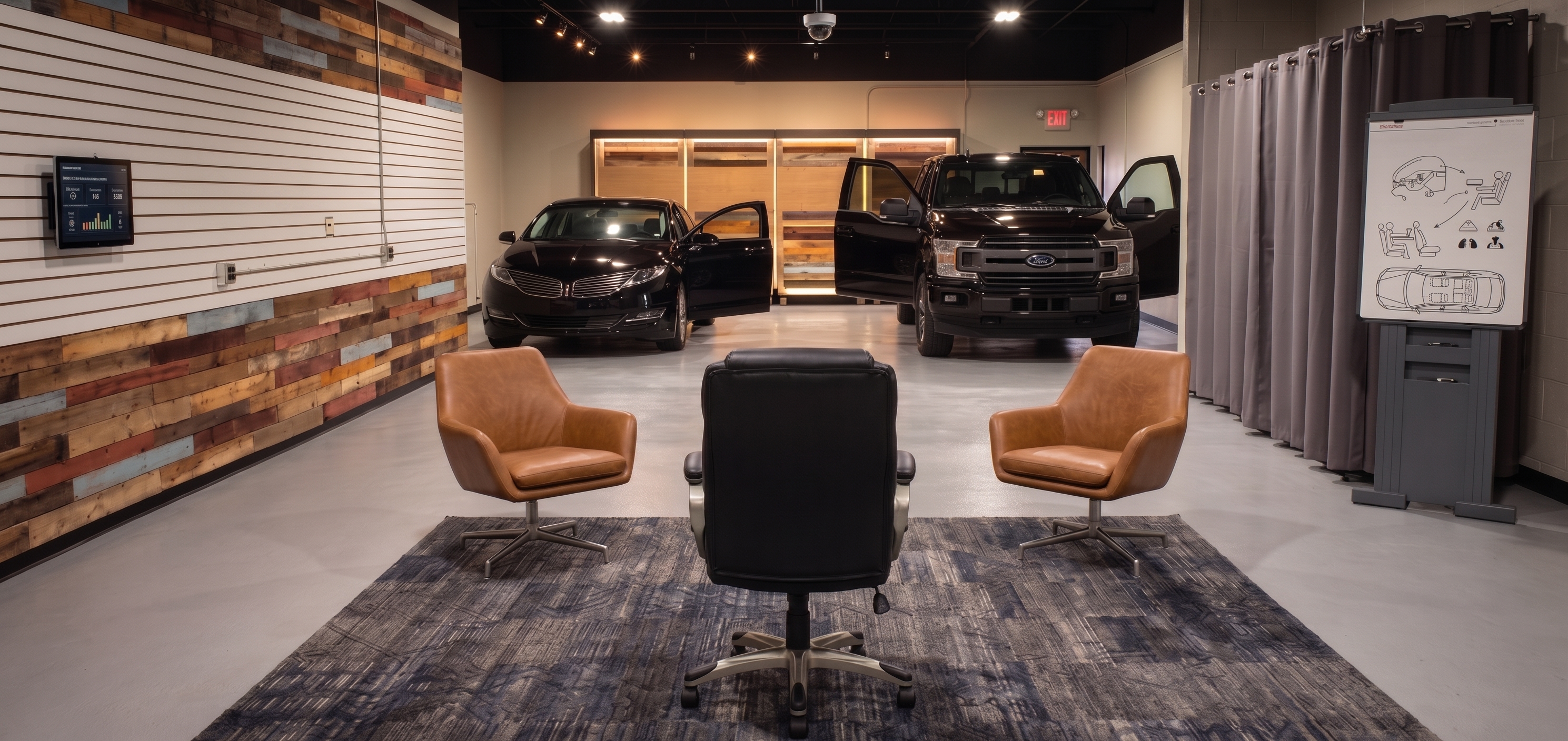 Cypher Research's showroom — two vehicles parked behind a center seating arrangement with wood-paneled walls